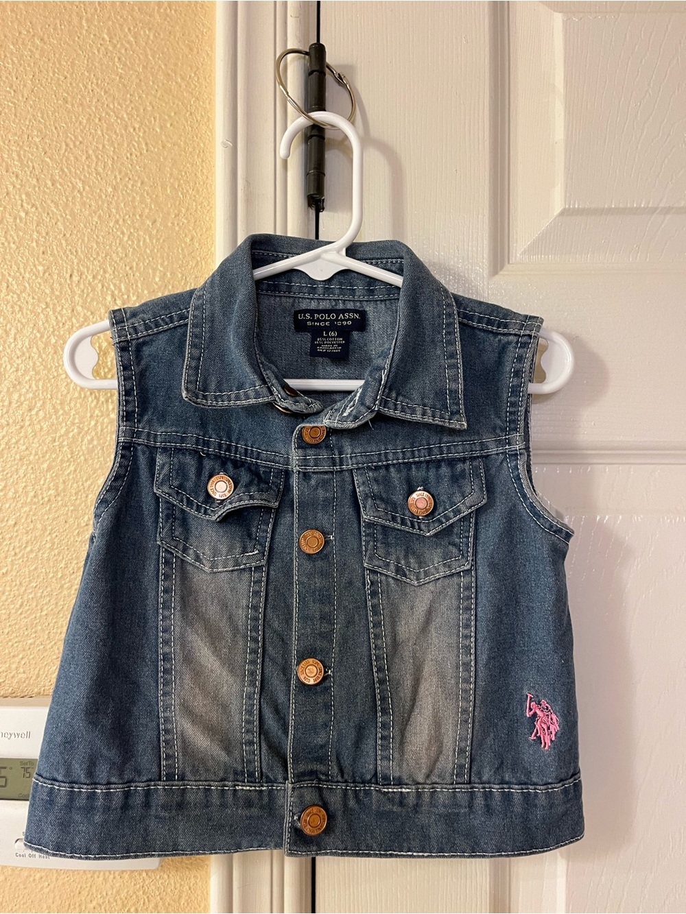U.S. Polo Assn. Girls Dark Blue Denim Vest with Pink Logo